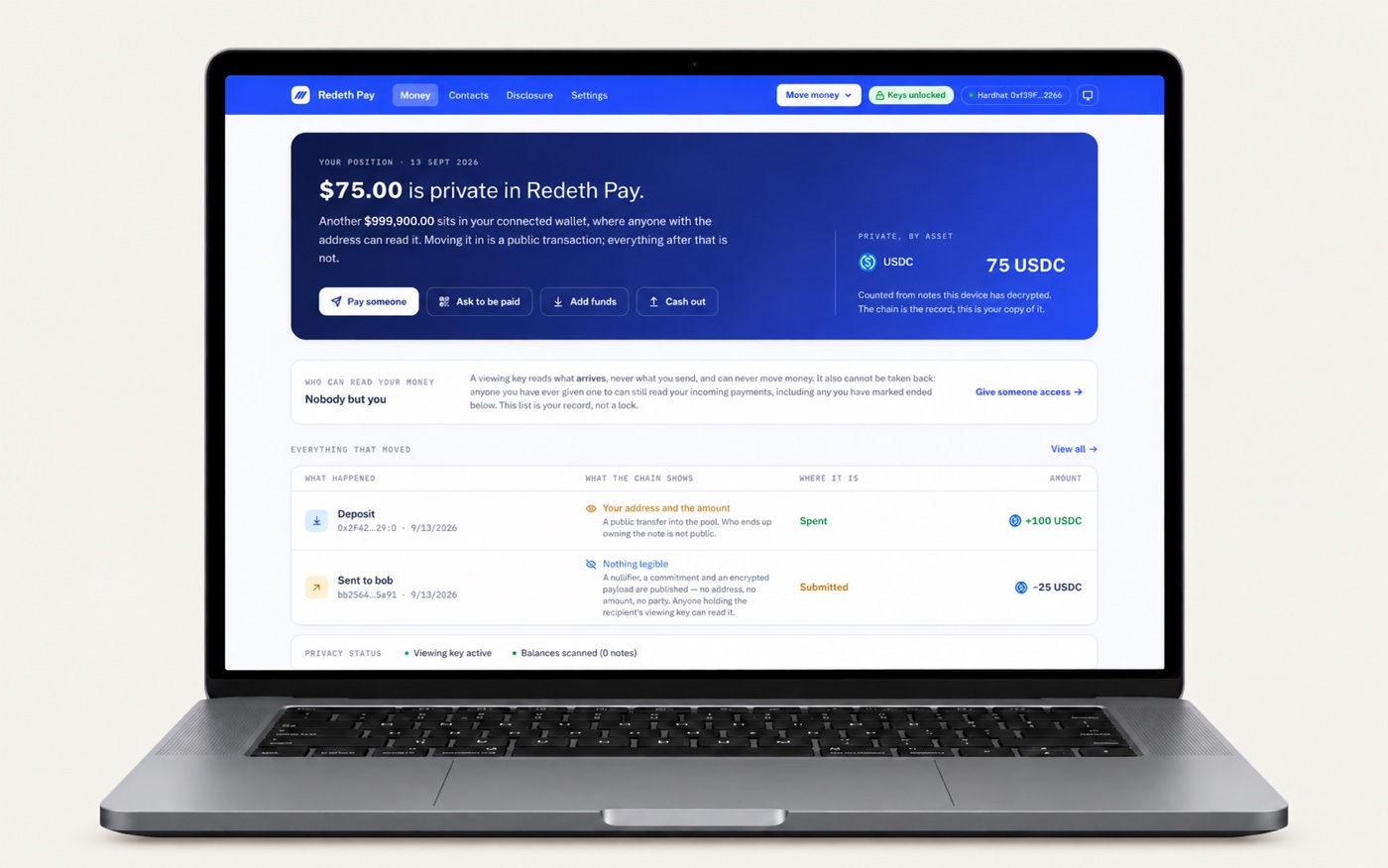 Redeth Pay dashboard displayed on a space-gray MacBook Pro